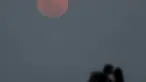 Sepasang kekasih berciuman dengan latar belakang fenomena alam Supermoon di Buenos Aires, Argentina, Minggu (27/9). Gerhana Bulan Supermoon (Bulan merah darah), kembali menampakkan keindahannya setelah 18 tahun tidak terjadi. (REUTERS/Enrique Marcarian)