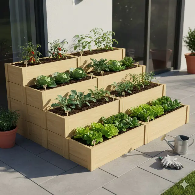 Rak Kayu Model Kotak Bertingkat (Raised Bed Stairs) (Gemini AI)