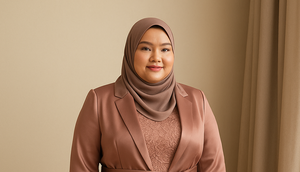 Gamis blazer brokat untuk wanita berhijab dengan tubuh gemuk/ChatGPT