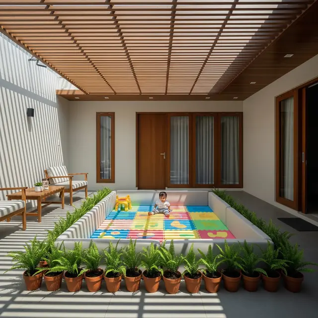 Desain Teras Ramah Balita dengan Kebun Mini Model Teras dengan Kebun Mini Mengelilingi Area Bermain