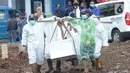Petugas yang mengenakan APD membawa peti berisi jenazah dengan protokol COVID-19 di TPU Srengseng Sawah 2, Jakarta, Selasa (9/2/2021). Sudah lebih dari sepekan TPU Srengseng Sawah 2 menerima pemakaman korban COVID-19 dengan jumlah yang dimakamkan sehari maksimal 10 jenazah. (merdeka.com/Arie Basuki)