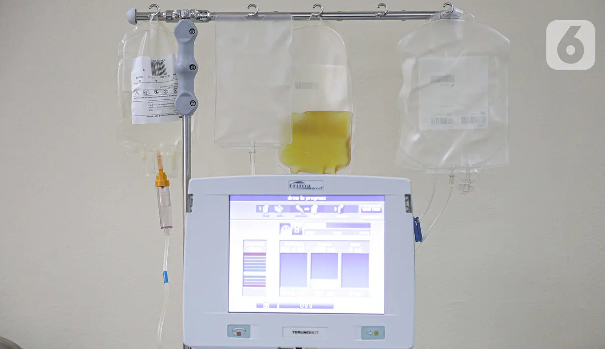 Pasien sembuh COVID-19 mendonorkan plasma darahnya di Unit Donor Darah (UDD) PMI DKI Jakarta, Rabu (23/6/2021). PMI DKI Jakarta mengajak para penyintas yang sembuh mendonorkan plasma darah konvalesen untuk membantu pasien COVID-19 yang dalam perawatan. (Liputan6.com/Faizal Fanani)