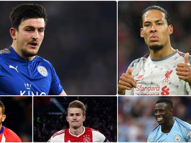 Bek anyar Manchester United, Harry Maguire, memecahkan rekor transfer pemain termahal dunia untuk posisi bek yang sebelumnya dipegang Virgil Van Dijk. Berikut ini nilai transfer Harry Maguire dan 7 bek termahal lainnya. (Kolase foto AFP)