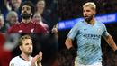 Mohamed Salah gagal menyarangkan satu gol pun ke gawang Manchester United pada laga lanjutan Premier League. Alhasil ia harus terlempar ke posisi dua dikudeta Sergio Aguero di puncak. (Kolase Foto AFP)