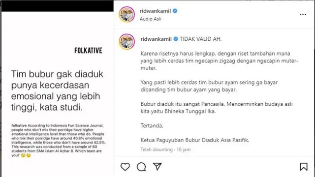 Tim Bubur Tidak Diaduk Dinilai Lebih Cerdas, Ridwan Kamil Beri Sanggahan