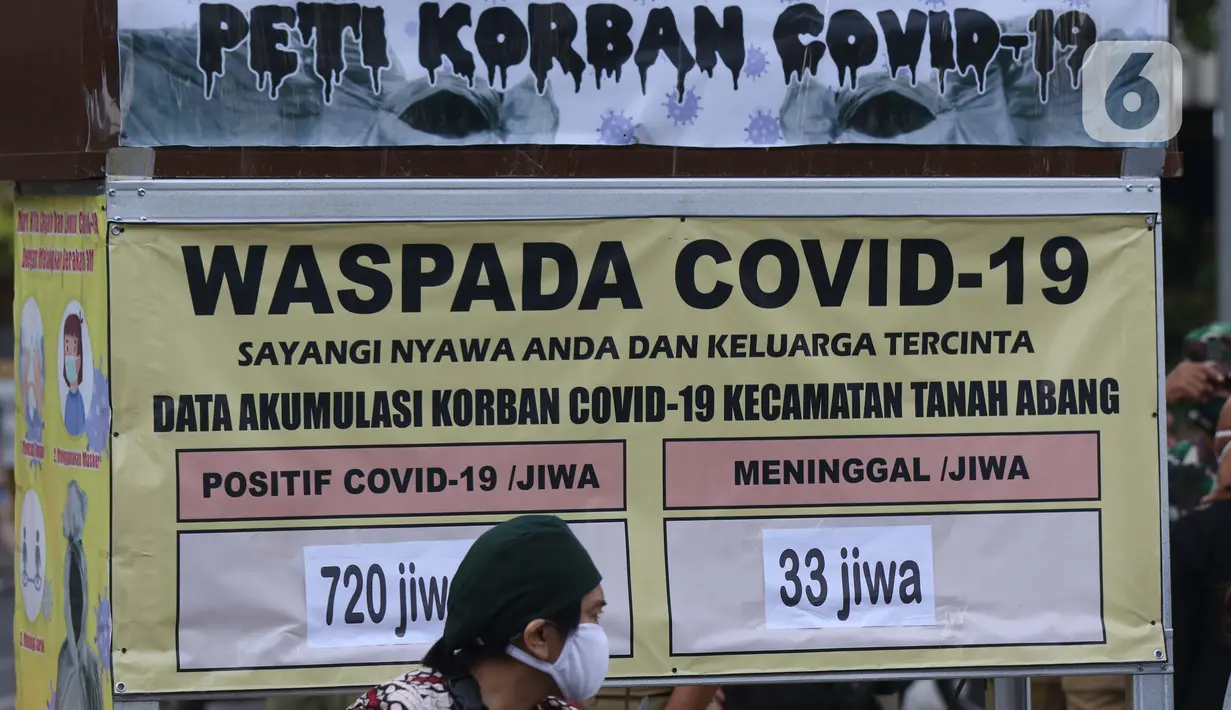 Warga duduk di depan tanda peringatan bahaya COVID-19 di sekitar Pasar Blok A Tanah Abang, Jakarta, Selasa (1/9/2020). Guna meningkatkan kewaspadaan warga, muspida kecamatan Tanah Abang memajang peti mati dilengkapi data jumlah korban COVID-19 di wilayah tersebut. (Liputan6.comHelmi Fithriansyah)