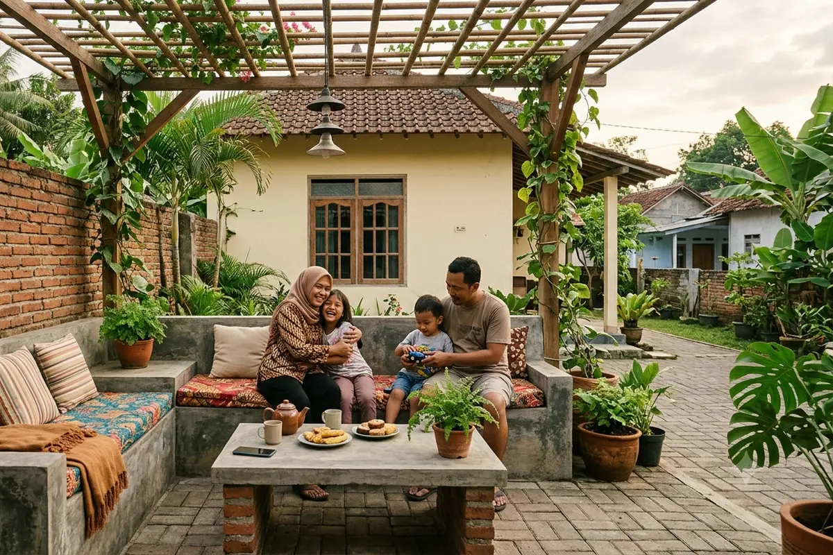 Desain Area Santai Permanen dari Semen dan Bata Ekspos yang Cocok untuk Family Time