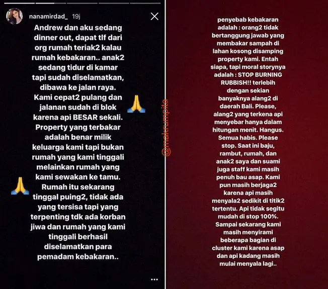 Postingan Nana Mirdad tentang kebakaran di rumahnya (Instagram)