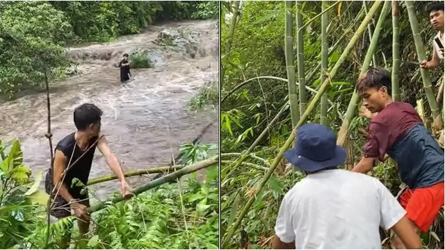 Momen Pemuda Tolong Teman yang Terjebak di Sungai Meluap, Endingnya Bikin Ngakak