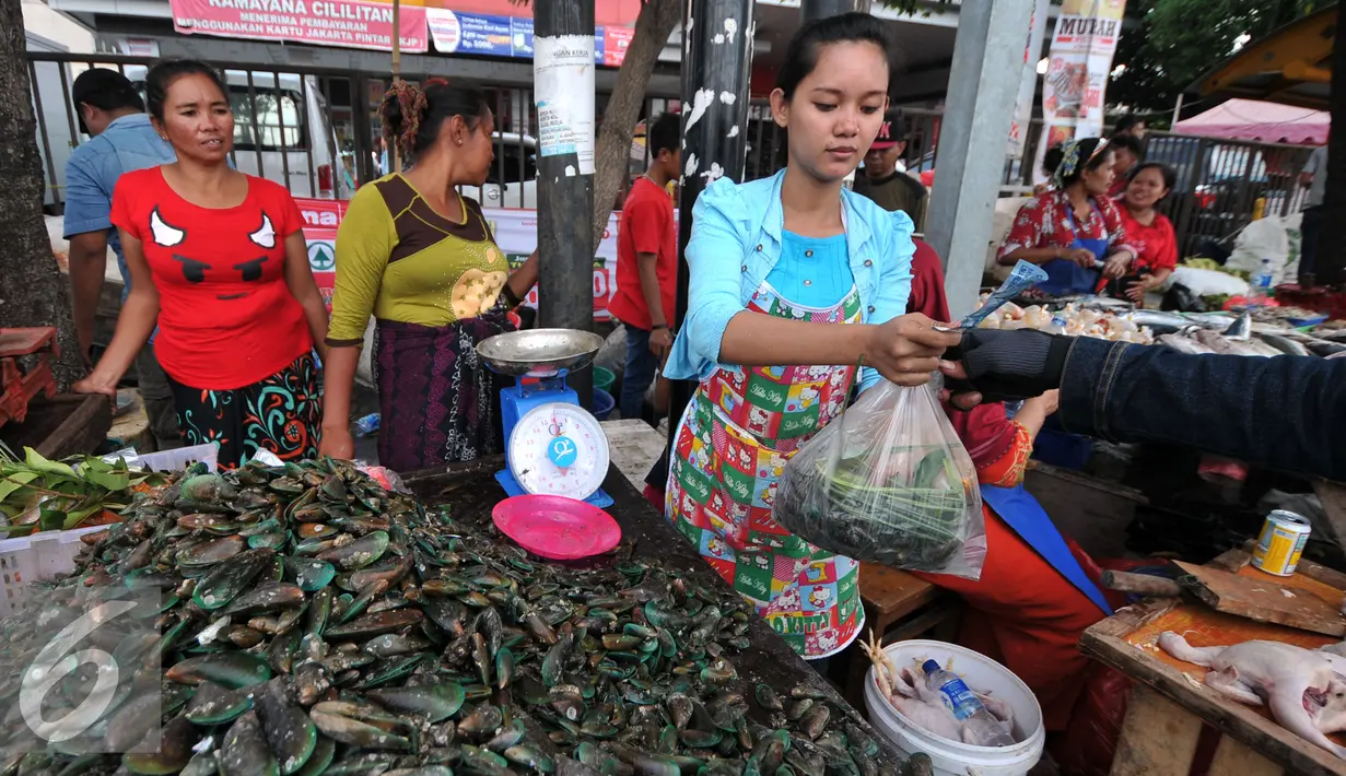  Pedagang kerang hijau saat melayani pembeli di pasar Kramat jati, Jakarta Timur, Kamis (31/12). Jelang malam tahun baru, warga banyak berburu kerang hijau untuk merayakan malam tahun baru. (Liputan6.com/Yoppy Renato)