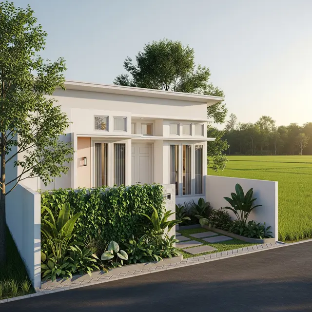 Model Rumah Sederhana Tapi Mewah dengan Atap Datar dan Pagar 2025 yang Cocok untuk Tinggal di Desa (Image by Gemini AI)