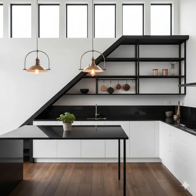Dapur Bawah Tangga dengan Rak Besi dan Pencahayaan Natural 2025. Gemini