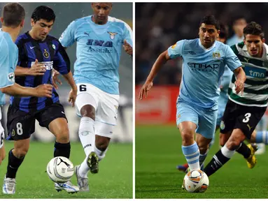 Foto kolase saat David Pizarro (kiri) saat membela Inter Milan dalam pertandingan Liga Italia pada 5 November 2005 dan Pizarro (kanan) saat membela Manchester City dalam pertandingan Europa League pada 15 Maret 2012. (AFP/Vicenzo Pinto, Paul Ellis)