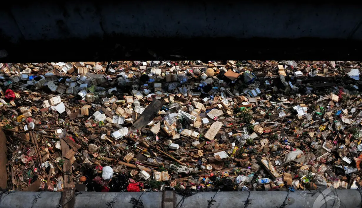 Terlihat tumpukan sampah plastik, kayu, stirofoam dan sampah lainnya dari aliran Kali Banjir Kanal Barat yang menumpuk di wilayah Roxy, Jakarta Pusat, Jumat (31/10/14). (Liputan6.com/Johan Tallo)