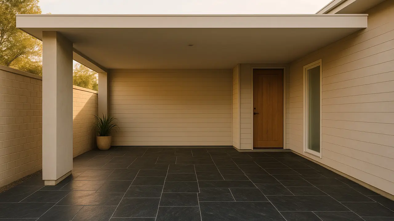 Desain Carport dengan Lantai Batu Alam