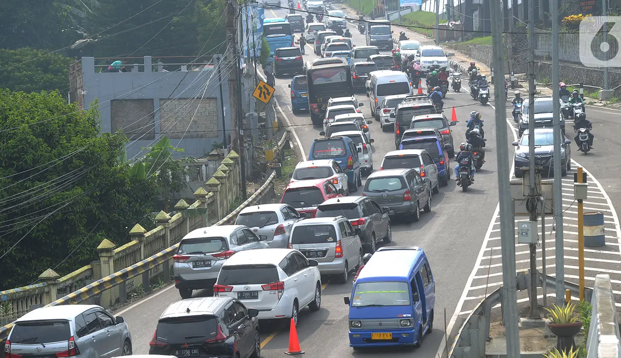 Kondisi lalu lintas saat saat uji coba sistem kanalisasi 2-1 Jalur Puncak di kawasan Gadog, Bogor, Jawa Barat, Minggu (27/10/2019). BPTJ bersama Pemkab dan Polres Bogor melakukan uji coba kanalisasi 2-1 Jalur Puncak pada 27 Oktober dan 3 November 2019. (merdeka.com/Arie Basuki)