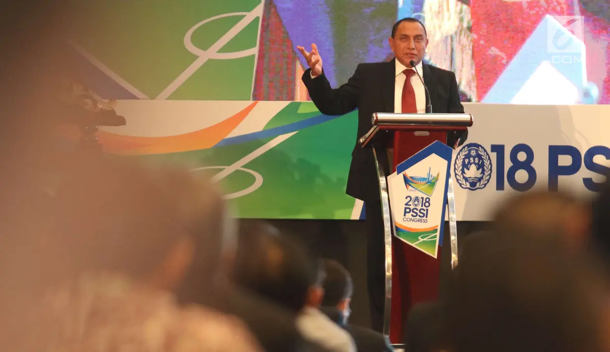 Ketum PSSI Edy Rahmayadi memberikan sambutan saat kongres PSSI 2018 di ICE, BSD, Tangsel, Sabtu (13/1). Edy berharap kongres kali ini dapat berjalan dengan lancar agar seluruh tujuan yang ingin dicapai PSSI bisa tercapai. (Liputan6.com/Angga Yuniar)