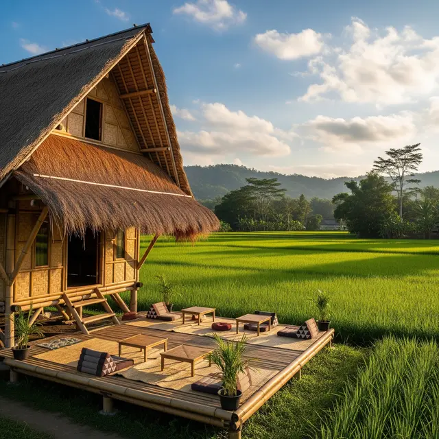Desain Rumah Desa Minimalis dengan Tempat Duduk Pinggir Sawah (Gemini AI)