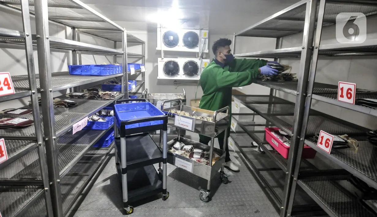 <p>Petugas menyimpan kantong darah dalam ruang khusus di Palang Merah Indonesia (PMI) DKI Jakarta, Jakarta, Selasa (26/4/2022). Ketersediaan darah di PMI DKI Jakarta sepekan jelang Hari Raya Idul Fitri mencapai sekitar 30 persen dari angka stok normal. (merdeka.com/Iqbal S. Nugroho)</p>