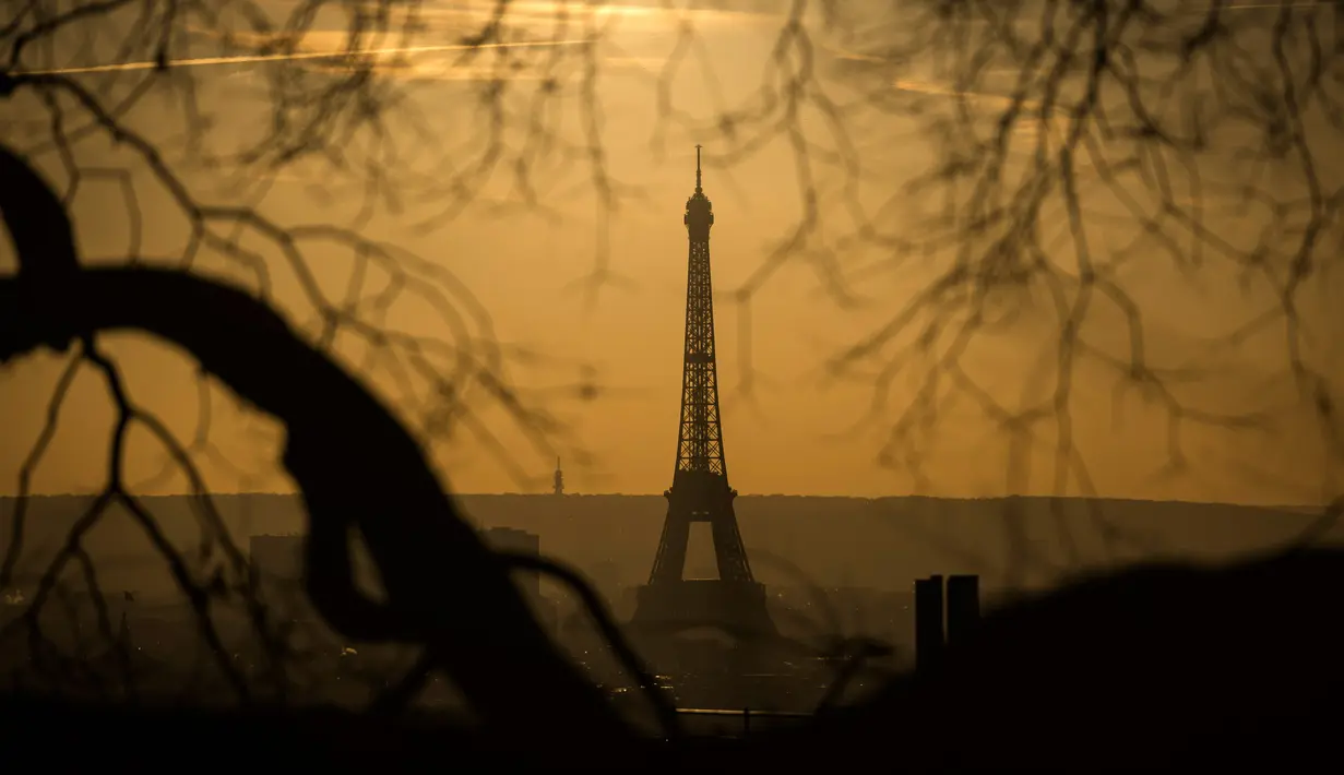 Pemandangan Menara Eiffel yang diselimuti kabut polusi, Paris, Prancis (3/12). Kondisi berkabut ini terjadi karena dinginnya udara malam dan hangatnya suhu siang hari, sehingga polusi kendaraan terperangkap dan sulit hilang. (AFP/Lionel Bonaventure)