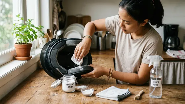 Trik Menghilangkan Bau Apek pada Busa Helm Tanpa Perlu Dicuci Basah, Cukup Pakai Bahan Dapur (AI generated)