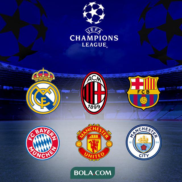 Liga Champions - Logo Real Madrid, AC Milan, Bayern Munchen, Barcelona, MU, dan Man City