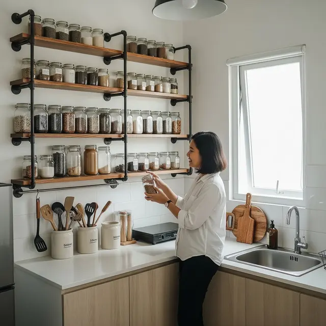 Dapur dengan Penggunaan Rak Ambalan Terbuka (Gemini AI)