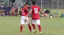 Ekspresi kapten Timnas Indonesia U16, Egi Maulana, sesaat setelah mencetak gol pertama dalam ujicoba melawan Jepang U16 di Lapangan Padepokan Voli Indonesia di Sentul, Bogor.