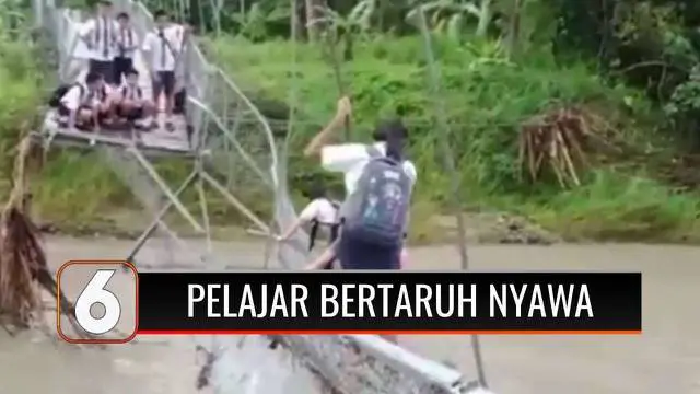 Bertaruh nyawa demi bisa sampai di sekolah, sejumlah pelajar SMP di Nias Utara, Sumatera Utara, harus bergelantungan di seutas kawat karena jembatan rusak diterjang banjir. Lengah sedikit, bisa hanyut terbawa arus Sungai Alasa.