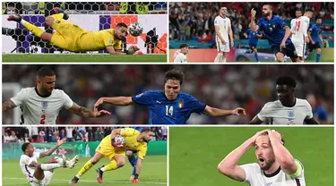 Foto kombinasi menunjukkan kiper Italia Gianluigi Donnarumma, pemain Italia Leonardo Bonucci dan Federico Chiesa, serta pemain Inggris Raheem Sterling dan Harry Kane pada ajang Euro 2020. (Paul ELLIS/POOL/AFP, Carl Recine/POOL/AFP, FACUNDO ARRIZABALAGA/POOL/AFP)