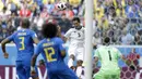 Gelandang Kosta Rika, Celso Borges, menyundul bola ke gawang Brasil pada laga Piala Dunia di Stadion Saint-Petersburg, Jumat (22/6/2018). Brasil menang 2-0 atas Kosta Rika. (AP/Andre Penner)