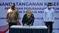 Penandatanganan perjanjian usaha patungan pendirian pabrik katalis merah putih di Kampus ITB, Rabu (29/7/2020). (Foto: Humas ITB)