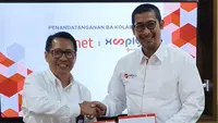 Direktur Bisnis Metranet, Faisal Yusuf (kanan) bersama Direktur Enterprise Business Finnet, Aziz Sidqi usai penandatanganan kerja sama strategis antara Metranet & Finnet untuk peningkatan layanan pembayaran pelanggan Xooply.ID melalui Finpay, di jakarta beberapa waktu lalu. (Foto: Istimewa)