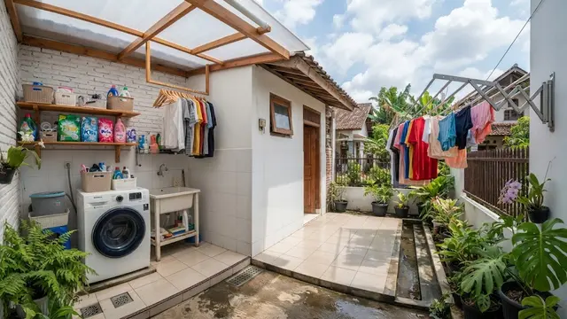Desain area belakang rumah kecil agar multifungsi model area cuci dengan atap