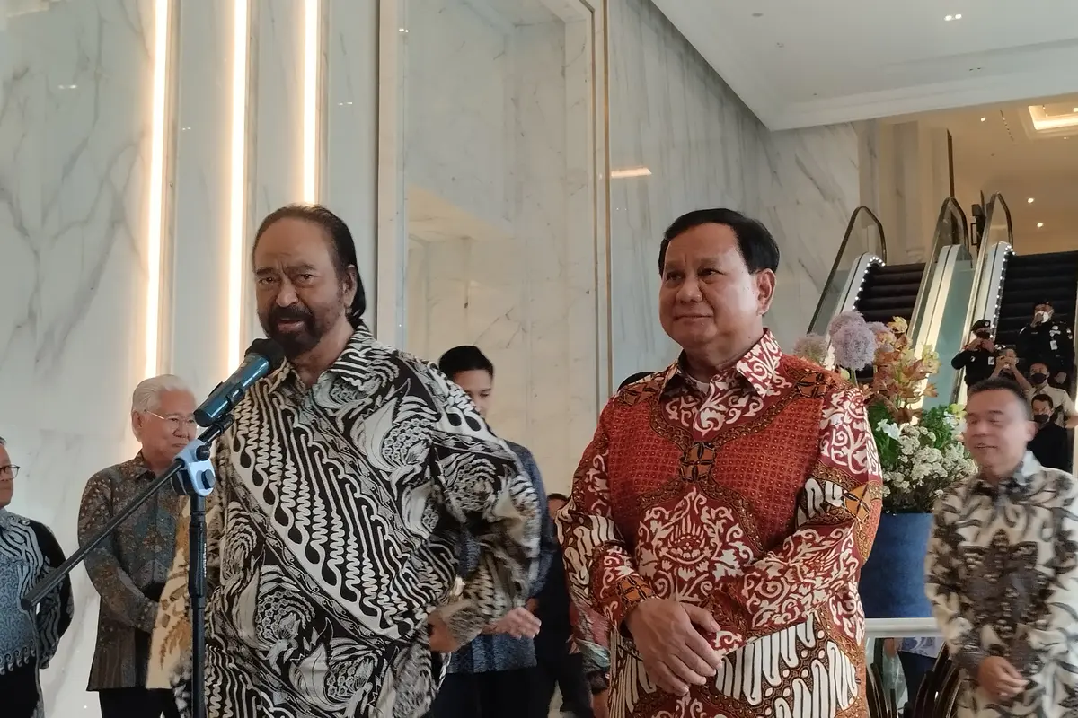 Ketua Umum Partai Gerindra Prabowo Subianto dan Ketua Umum Partai Nasdem Surya Paloh di NasDem Tower Jakarta, Rabu (1/6/2022)