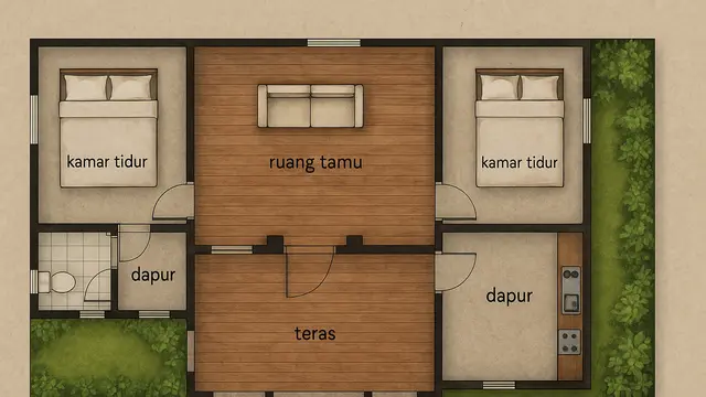 Gambar Rumah Sederhana Ukuran 6x12 di Kampung (Image by ChatGPT)