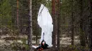 Sebuah parasut terlihat masih menggantung di dekat reruntuhan pesawat Comp Air 8 yang jatuh di dekat Pangkalan Udara Jamijarvi, barat daya Finlandia, Senin (21/4/2014). (REUTERS/Vesa Moilanen/Lehtikuva)