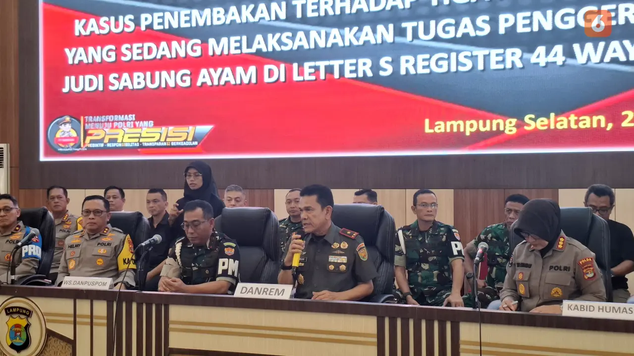 Jumpa pers penetapan dua oknum TNI sebagai tersangka kasus penembakan 3 polisi di Mapolda Lampung. Foto : (Liputan6.com/Ardi).