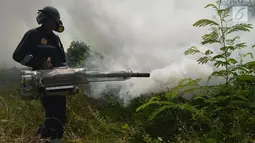 Petugas dari Puskesmas Kecamatan Cengkareng melakukan fogging untuk membasmi nyamuk Demam Berdarah di Kawasan Kedaung, Jakarta Barat, Selasa (23/4). fogging dilakukan untuk memutus rantai penularan penyakit demam berdarah yang ditularkan oleh nyamuk Aedes aegypti. (merdeka.com/Imam Buhori)