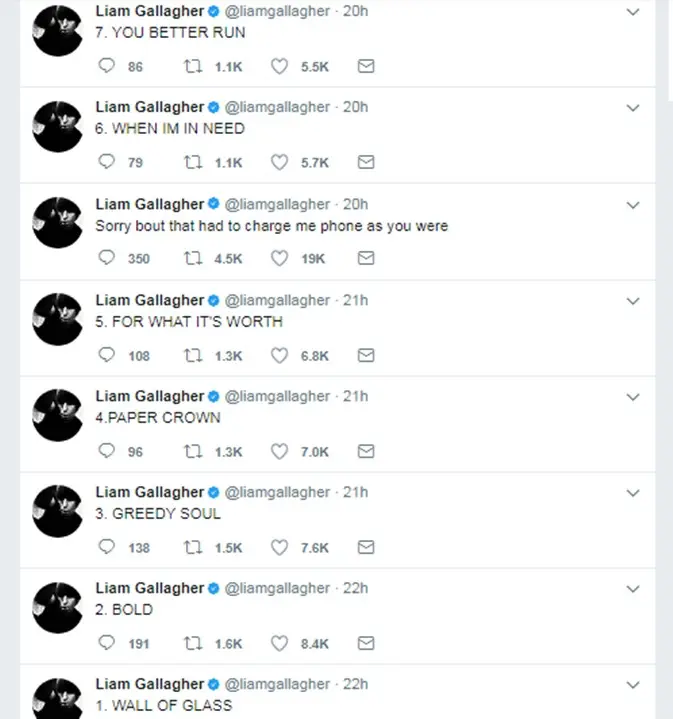 Liam Gallagher umumkan daftar lagu di album baru melalui Twitter. (Twitter/liamgallagher)