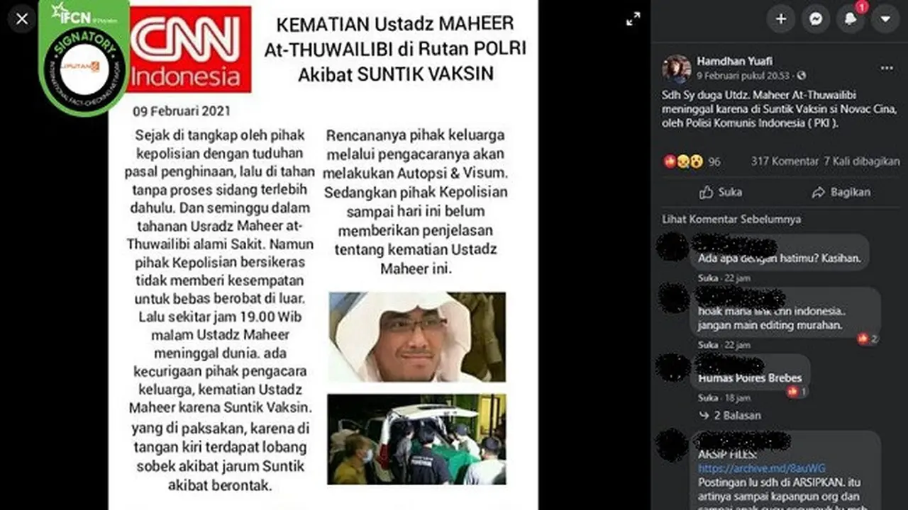 Gambar Tangkapan Layar Kabar tentang Maaher At-Thuwailibi Meninggal Dunia karena Disuntik Vaksin (sumber: Facebook)