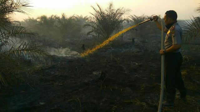 Petugas menyiramkan air ke kebakaran lahan di Riau supaya apinya tidak menyebar.