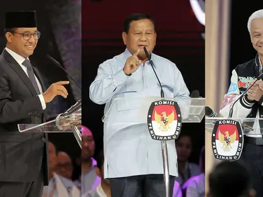 Foto kolase ketiga Calon Presiden pada Pemilu 2024 Anies Baswedan, Prabowo Subianto, dan Ganjar Pranowo (kiri ke kanan) saat Debat Kelima Pilpres 2024 di Jakarta Convention Center (JCC), Jakarta, Minggu (4/2/2024). (Liputan6.com/Angga Yuniar)