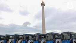 PT Transjakarta (TJ) resmi meluncurkan 200 unit 200 unit Bus Raya Terpadu (BRT) listrik baru. (Liputan6.com/Herman Zakharia)