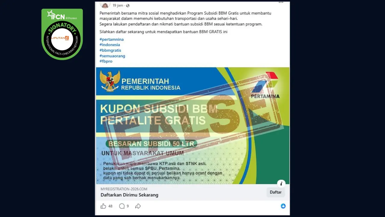 Cek Fakta Liputan6.com menangkap layar klaim pendaftaran kupon subsidi BBM Pertalite gratis.