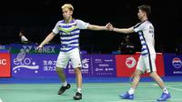 Ganda putra Indonesia, Kevin Sanjaya Sukamuljo/Marcus Fernaldi Gideon, melangkah ke perempat final Kejuaraan Dunia 2018, Kamis (2/8/2018).  (PBSI)