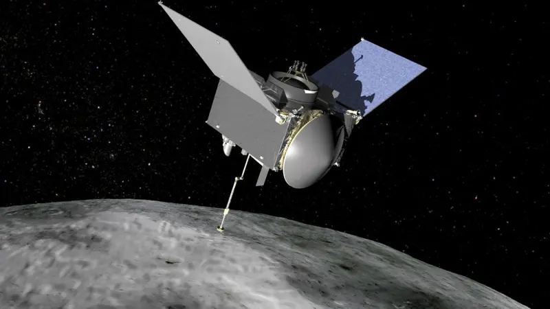 Ilustrasi OSIRIS-REx saat mengambil sampel di permukaan asteroid Bennu