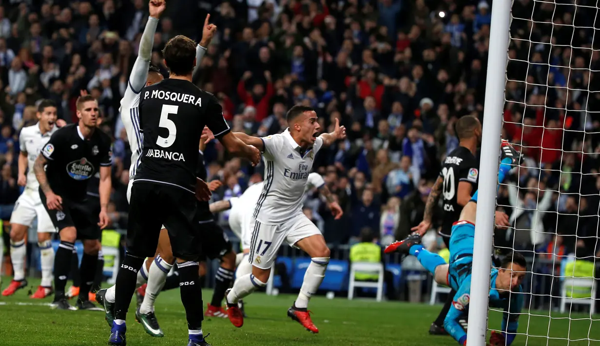 Skuat asuhan Zidane Zidane mencatat sejarah dan rekor baru usai mengalahkan Deportivo La Coruna 3-2 di Santiago Bernabeu, Minggu (11/12). Madrid kini sudah membukukan 35 pertandingan berturut-turut tanpa kekalahan. (REUTERS / Javier Barbancho)
