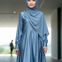 Ilustrasi Model Dress Panjang Longgar Kombinasi Satin (Sumber Gambar: Meta AI)