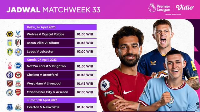 Daftar Pertandingan Liga Inggris 2022/2023 Matchweek 33 di Vidio, 26-28 April 2023